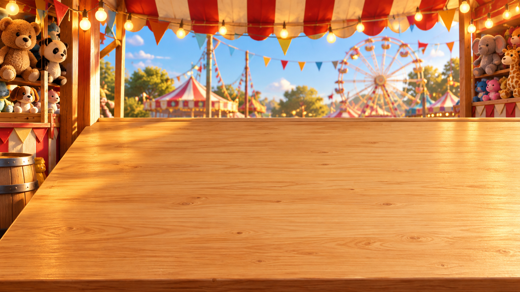 Carnival toy-car race booth with pennants, prizes, and a wooden tabletop