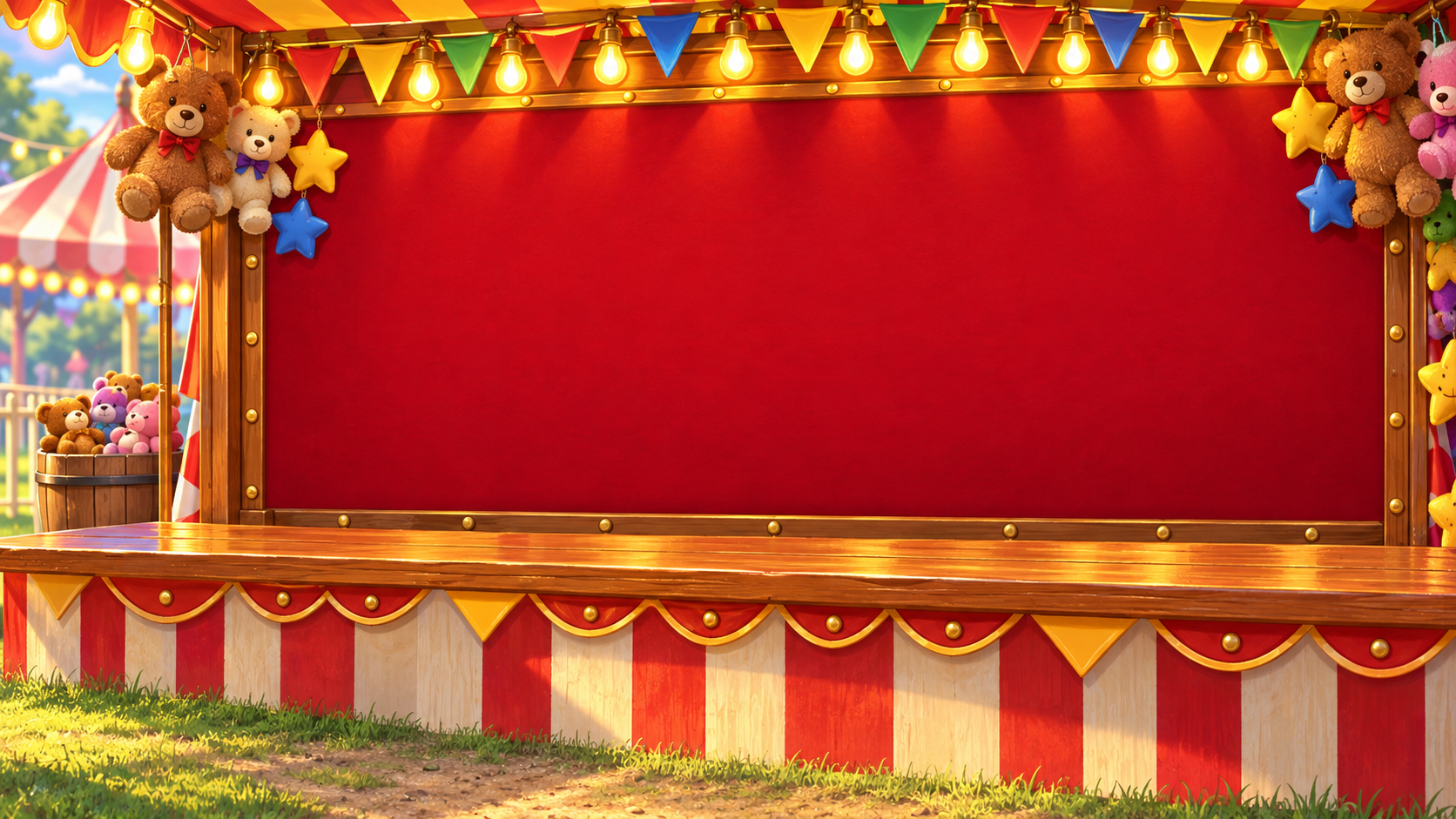 Carnival shooting gallery with a red target wall, plush prizes and warm lights