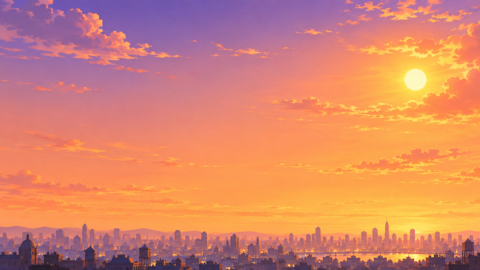 Golden sunset sky above a distant city skyline