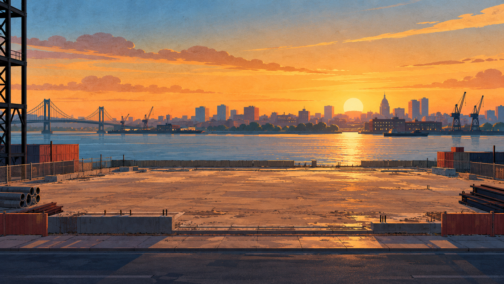 Sunset city waterfront behind an open construction lot