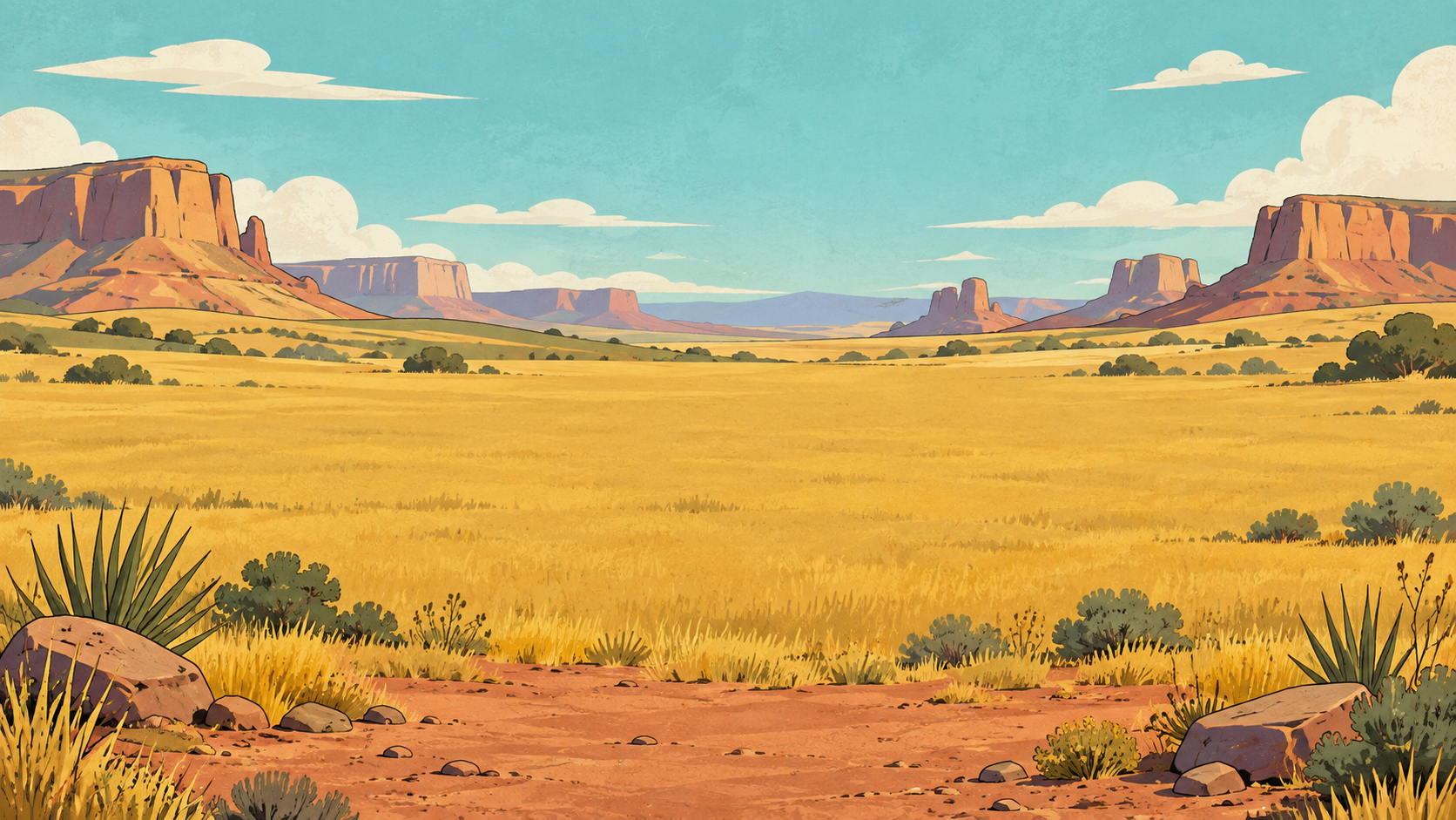 Stylized Southwestern meadow and distant mesas